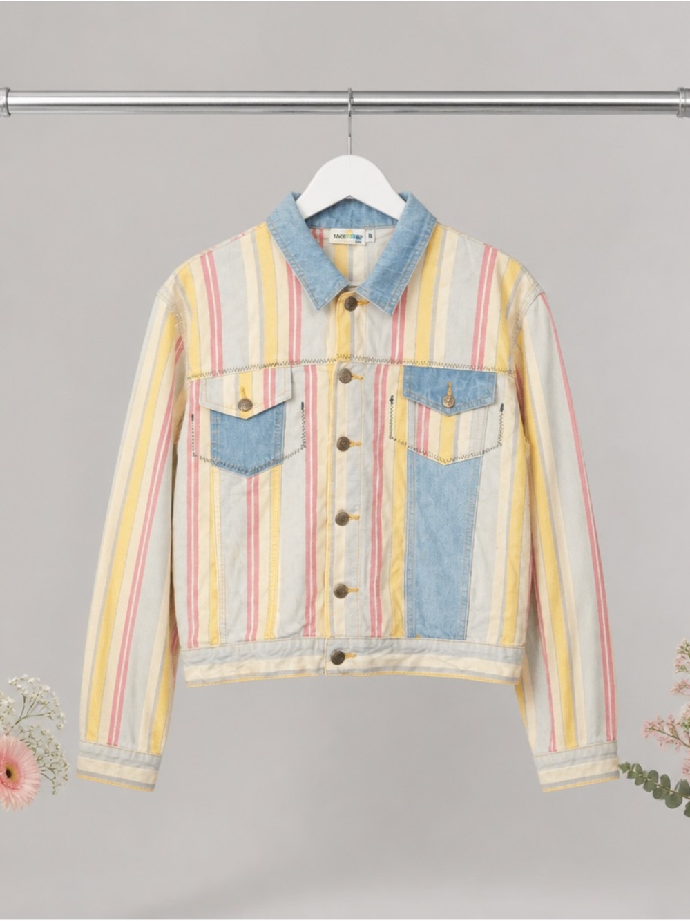 Hang Ten Kids Striped Denim Jacket in Pastel Yellow, Pink & Light Blue